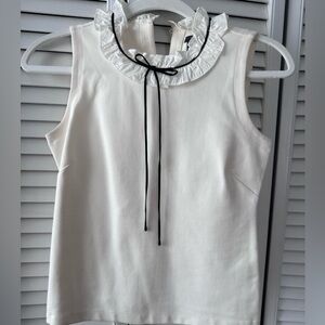 Sleeveless Ruffle Collar Top with Contrast Tie - White